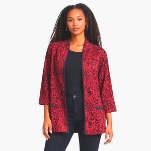 Blast Red Black Animal Print Zip Up Jacket 3/4 Sleeve Knit Top-XL Edgy Goth